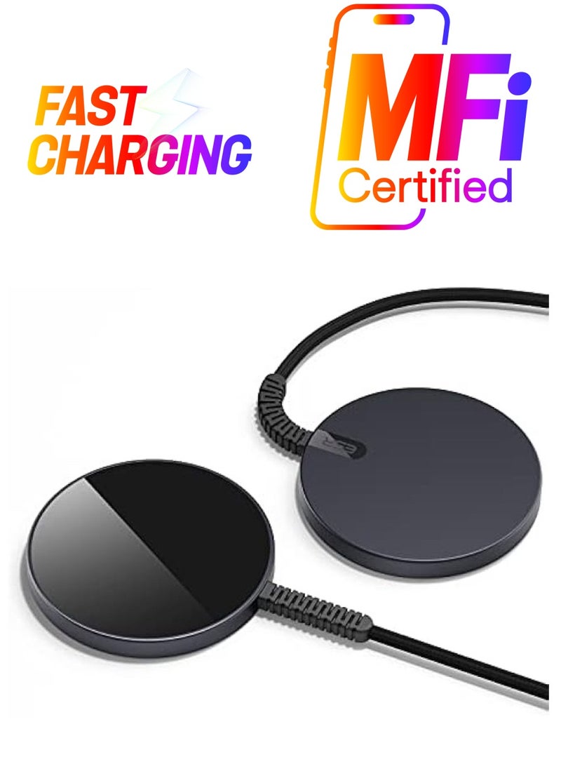 ESR - Wireless Charger, Charger Compatible with MagSafe, HaloLock Mini Charger for iPhone 15/14/13/12 Series, Strong Magnetic Lock, Reinforced Braided Nylon Cable, 2 Pack, Black - Image 1