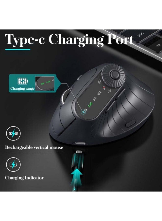Ergonomic Triple-Connect Wireless Mouse, Wireless Ergonomic Vertical Mouse, 4 Adjustable DPI, Programmable Knob, USB-C Recharge, for Pain Relief for Office, Gaming, Design (Black) - Image 2