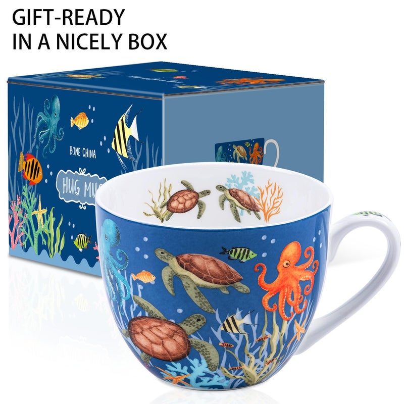 MFoffice Ocean Wonders Hug Mug - 20oz Deep Blue Bone China Coffee Mug with Sea Turtle, Octopus and Tropical Fish, Marine Life Themed Gift for Ocean Lovers, Designed in England by Harvest Green Studio - Image 3