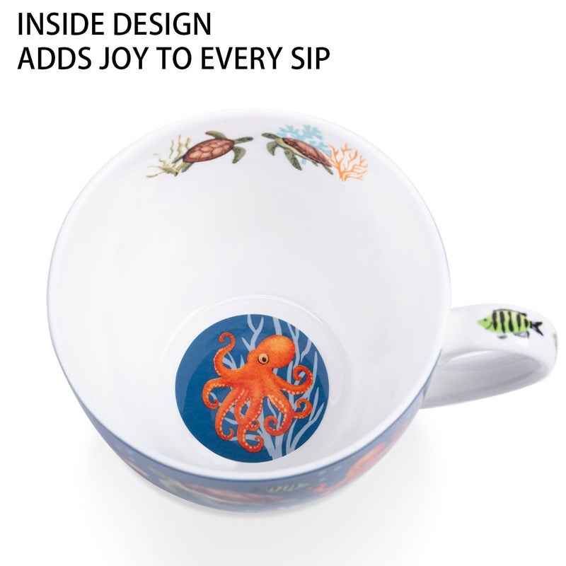 MFoffice Ocean Wonders Hug Mug - 20oz Deep Blue Bone China Coffee Mug with Sea Turtle, Octopus and Tropical Fish, Marine Life Themed Gift for Ocean Lovers, Designed in England by Harvest Green Studio - Image 5