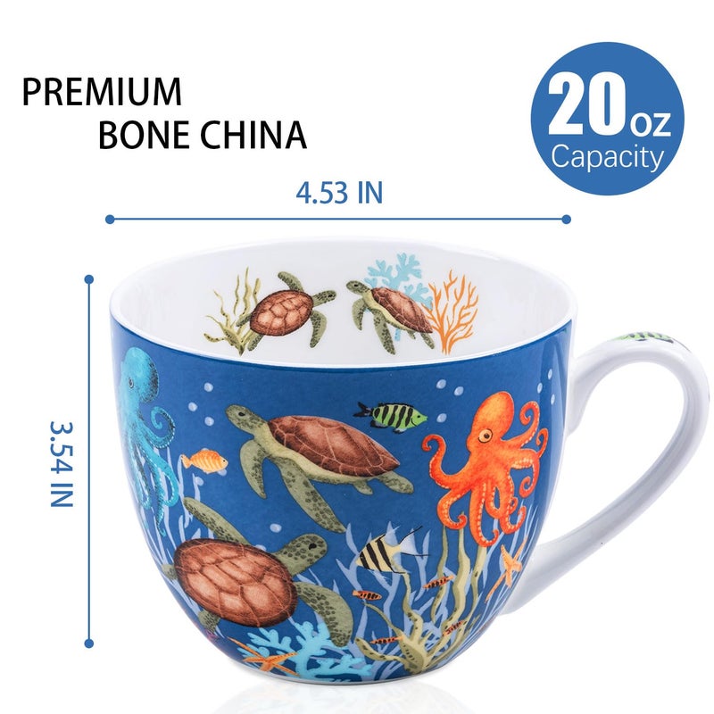 MFoffice Ocean Wonders Hug Mug - 20oz Deep Blue Bone China Coffee Mug with Sea Turtle, Octopus and Tropical Fish, Marine Life Themed Gift for Ocean Lovers, Designed in England by Harvest Green Studio - Image 2