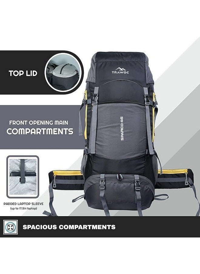 Trawoc حقيبة ظهر سفر TRAWOC SPARCO سعة 65 لتر للتنزه والتخييم للرجال والنساء، غطاء مطري/حجرة للأحذية HK009 باللون الأسود، ضمان لمدة 3 سنوات - Image 3