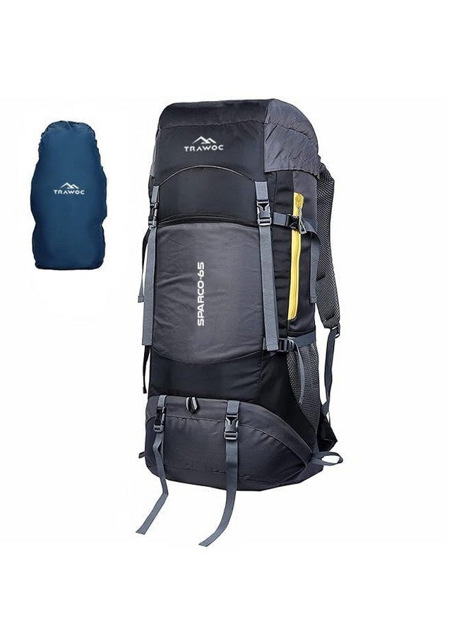 Trawoc حقيبة ظهر سفر TRAWOC SPARCO سعة 65 لتر للتنزه والتخييم للرجال والنساء، غطاء مطري/حجرة للأحذية HK009 باللون الأسود، ضمان لمدة 3 سنوات - Image 2