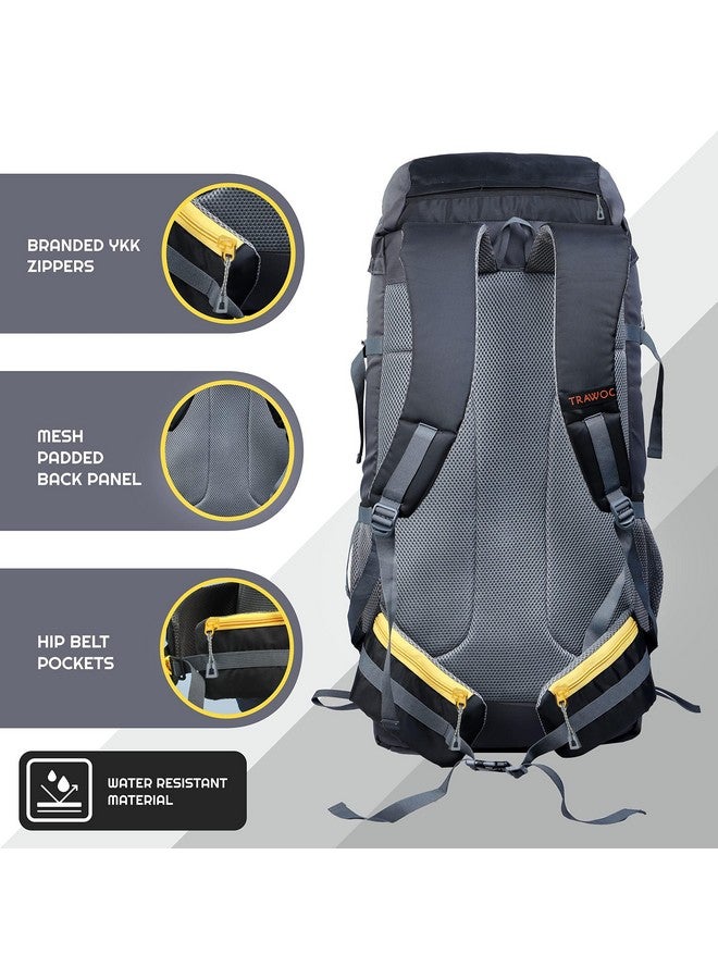 Trawoc حقيبة ظهر سفر TRAWOC SPARCO سعة 65 لتر للتنزه والتخييم للرجال والنساء، غطاء مطري/حجرة للأحذية HK009 باللون الأسود، ضمان لمدة 3 سنوات - Image 4