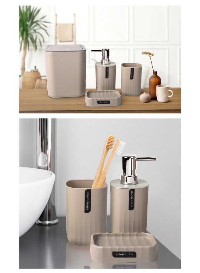 DUNISO 4 pieces of Bathroom accessories set, Home Bath Supplies set, plastic wave pattern toiletries set, with lotion bottle, desktop trash can, mouthwash cup, soap tray (beige) - Image 1