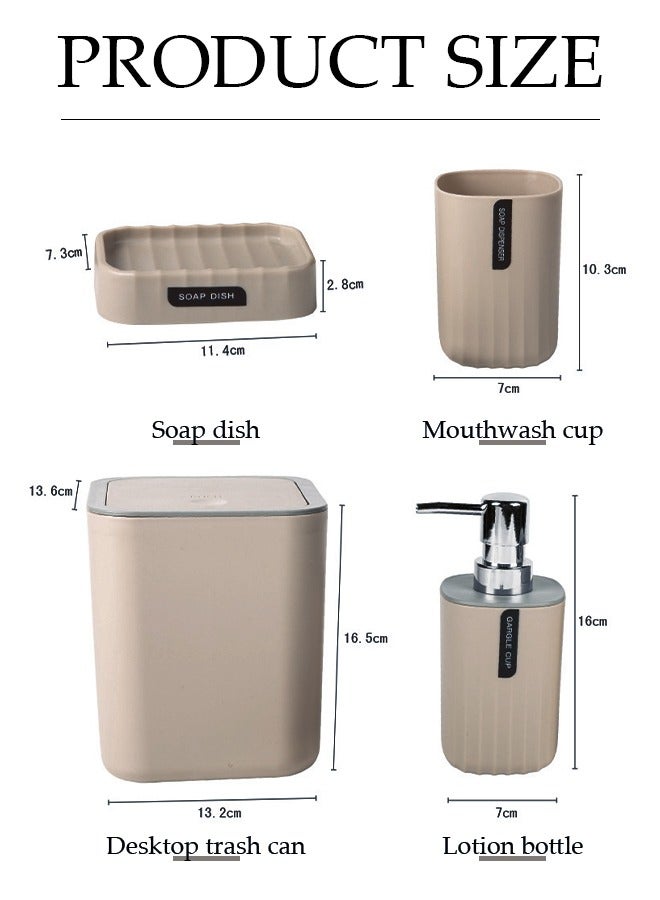 DUNISO 4 pieces of Bathroom accessories set, Home Bath Supplies set, plastic wave pattern toiletries set, with lotion bottle, desktop trash can, mouthwash cup, soap tray (beige) - Image 3