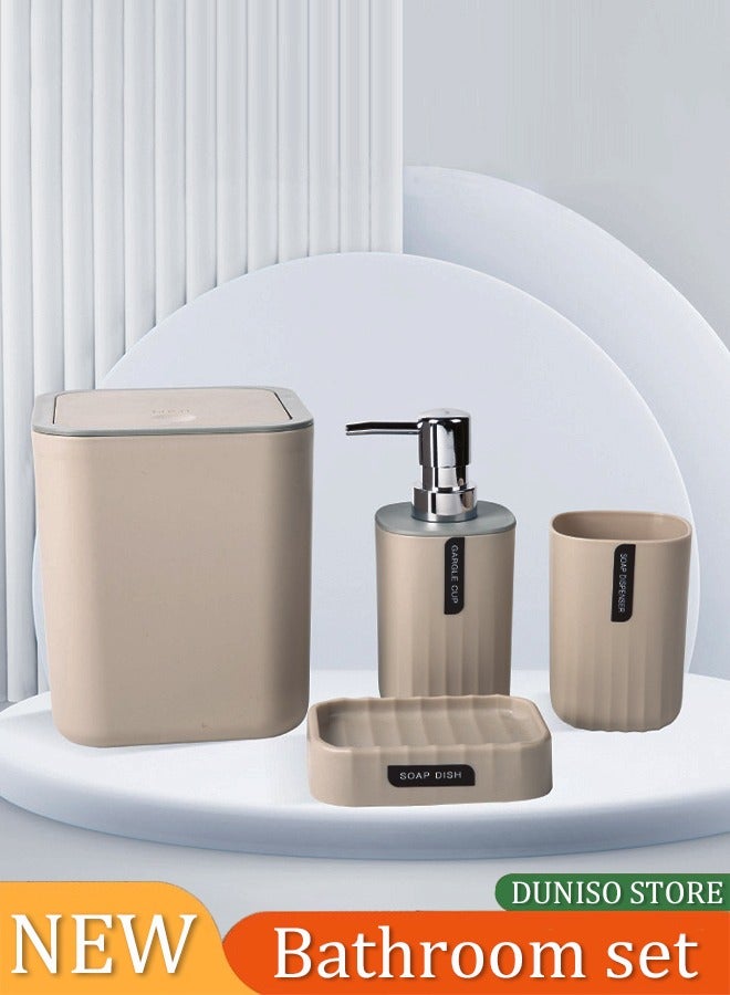DUNISO 4 pieces of Bathroom accessories set, Home Bath Supplies set, plastic wave pattern toiletries set, with lotion bottle, desktop trash can, mouthwash cup, soap tray (beige) - Image 2
