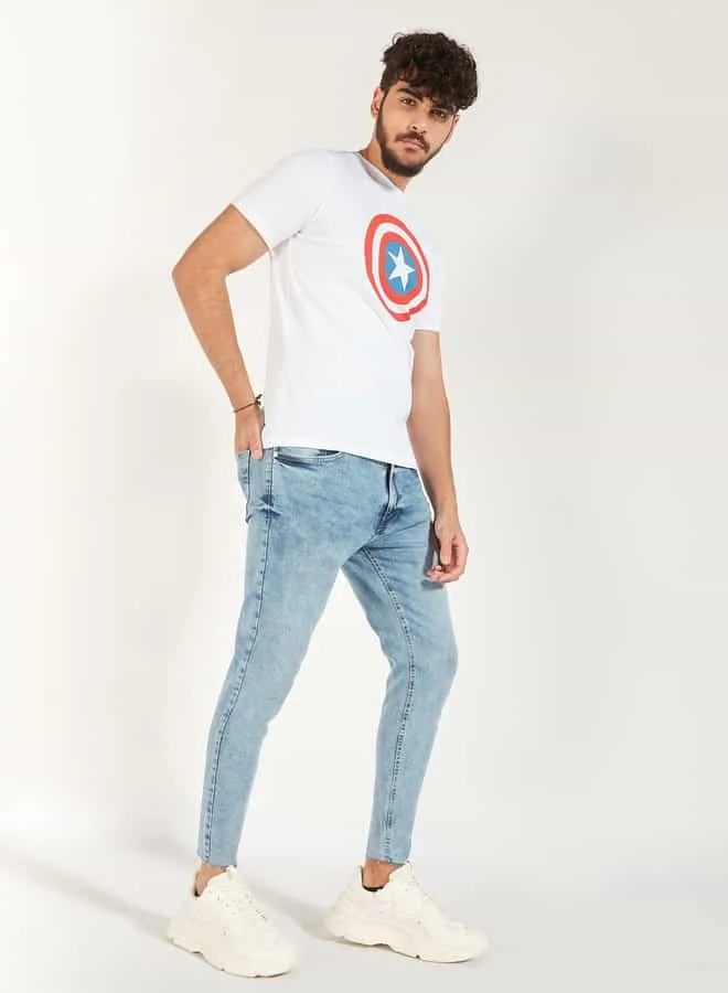 SP Characters Captain America Print Crew Neck Slim Fit T-shirt with Short Sleeves