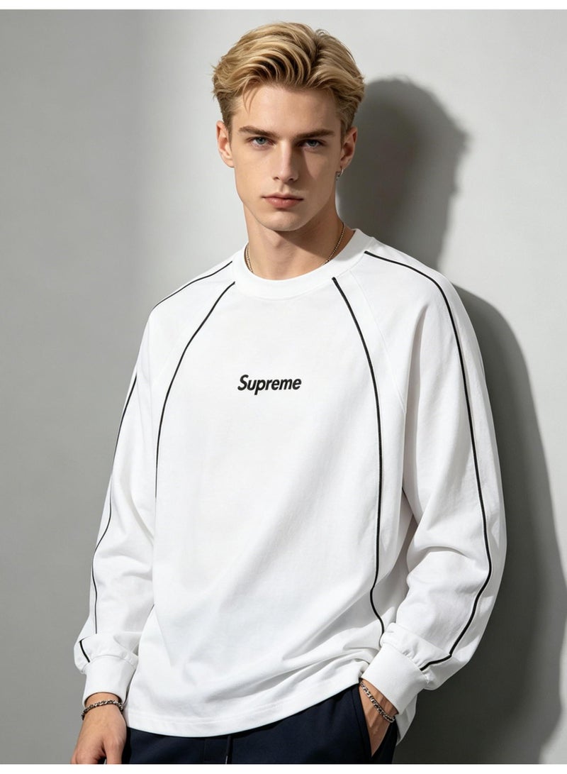 Supreme Men's and women's shoulder-thrust contrast stripe loose long-sleeved T-shirt - Image 2