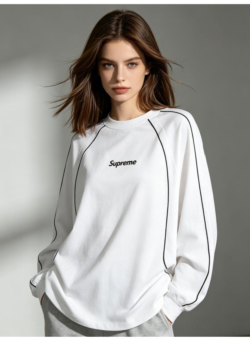 Supreme Men's and women's shoulder-thrust contrast stripe loose long-sleeved T-shirt - Image 4