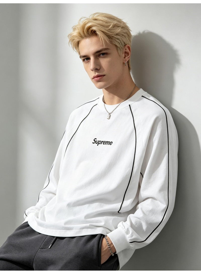 Supreme Men's and women's shoulder-thrust contrast stripe loose long-sleeved T-shirt - Image 3