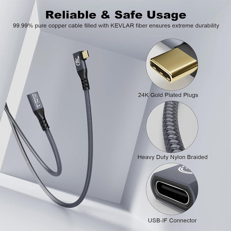 كيبل ديكون كابل شحن USB C 3.2 Gen-2 بقدرة 240 واط مع مرفق 90 درجة، كابل تمديد Thunderbolt 3 من ذكر إلى أنثى، نقل بيانات بسرعة 20 جيجابت في الثانية، 48 فولت/5 أمبير، فيديو Type-C بدقة 4K متوافق مع MacBook M1/M2/M3 (3 متر 10 أقدام) - Image 5