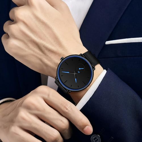 FIZILI Mens Watches Ultra-Thin Minimalist Waterproof-Fashion Wrist Watch for Men Unisex Dress with Stainless Steel Mesh Band-Blue Hands (New) - Image 5