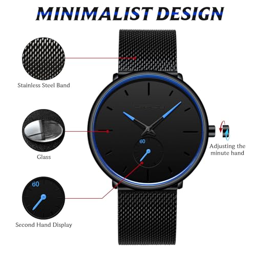 FIZILI Mens Watches Ultra-Thin Minimalist Waterproof-Fashion Wrist Watch for Men Unisex Dress with Stainless Steel Mesh Band-Blue Hands (New) - Image 3