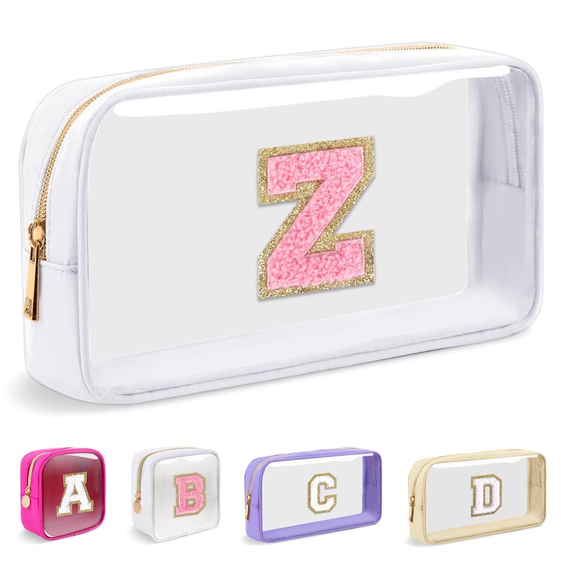 Iqimott Small Clear Personalized Initial Makeup Bag Preppy AZ Chenille Letter Patch Cosmetic Bag Cute Transparent Nylon Waterproof Zipper Beach Varsity Letter Pouch Gift for Women GirlsWhitePink Z - Image 2