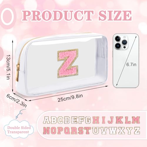 Iqimott Small Clear Personalized Initial Makeup Bag Preppy AZ Chenille Letter Patch Cosmetic Bag Cute Transparent Nylon Waterproof Zipper Beach Varsity Letter Pouch Gift for Women GirlsWhitePink Z - Image 3
