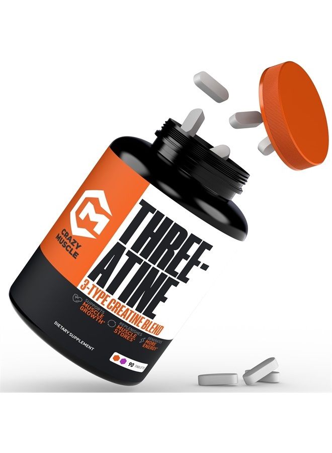 Crazy Muscle Creatine Monohydrate Pills - Premium 5g 3 Type Creatine Pills for Pre Workout Bulk Mass Gainer - High Absorption Easy-to-Take ThreeAtine 3X Optimum Performance for Men Women - 90 Tablets - Image 1