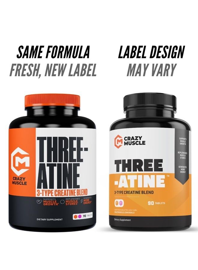Crazy Muscle Creatine Monohydrate Pills - Premium 5g 3 Type Creatine Pills for Pre Workout Bulk Mass Gainer - High Absorption Easy-to-Take ThreeAtine 3X Optimum Performance for Men Women - 90 Tablets - Image 3