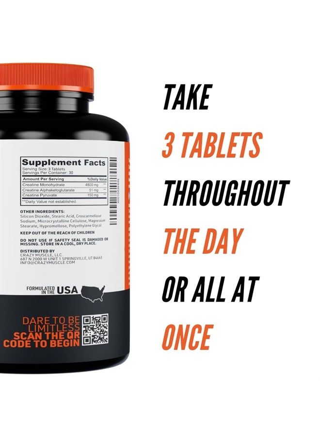 Crazy Muscle Creatine Monohydrate Pills - Premium 5g 3 Type Creatine Pills for Pre Workout Bulk Mass Gainer - High Absorption Easy-to-Take ThreeAtine 3X Optimum Performance for Men Women - 90 Tablets - Image 4