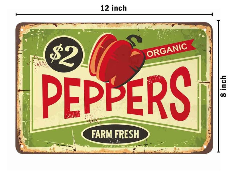 AOYEGO Peppers Tin Sign,Farm Fresh Organic Food Vintage Metal Tin Signs for Cafes Bars Pubs Shop Wall Decorative Funny Retro Signs for Men Women 8x12 Inch - Image 2