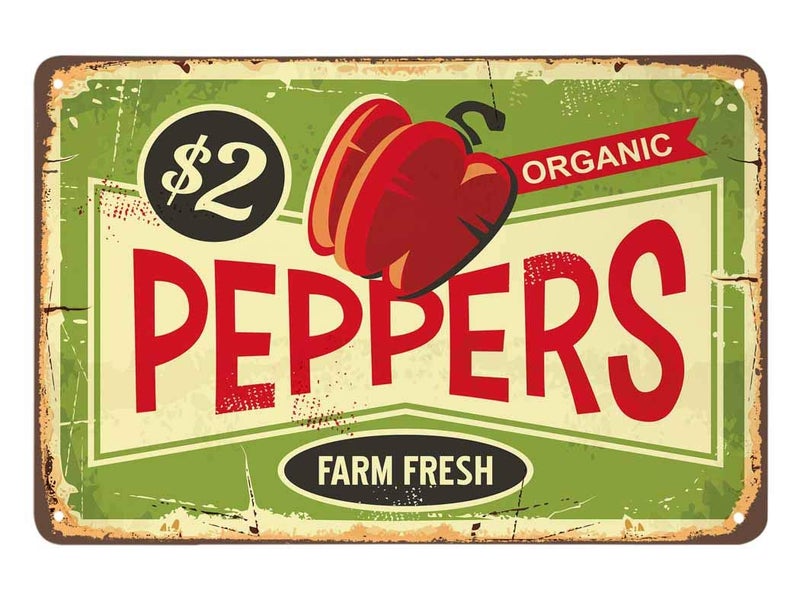AOYEGO Peppers Tin Sign,Farm Fresh Organic Food Vintage Metal Tin Signs for Cafes Bars Pubs Shop Wall Decorative Funny Retro Signs for Men Women 8x12 Inch - Image 1