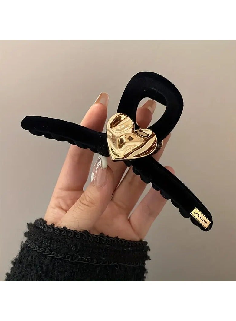 Goolsky Elegant Large Black Shark Mouth Hair Clip with Golden Heart Accent - Vintage-Inspired Alloy Rectangle Claw Clip for Stylish Updos - Image 1