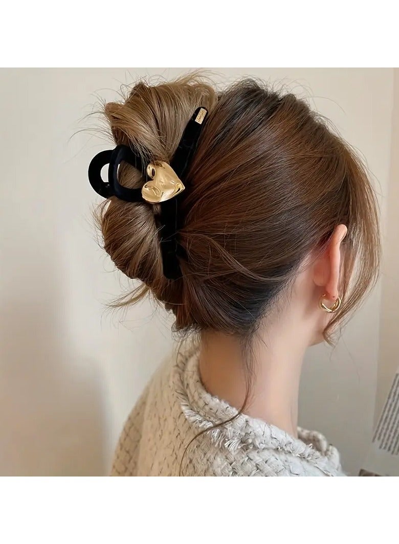 Goolsky Elegant Large Black Shark Mouth Hair Clip with Golden Heart Accent - Vintage-Inspired Alloy Rectangle Claw Clip for Stylish Updos - Image 3