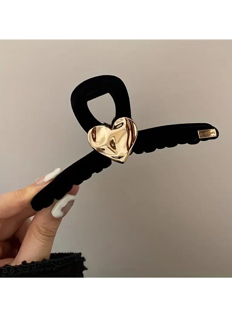 Goolsky Elegant Large Black Shark Mouth Hair Clip with Golden Heart Accent - Vintage-Inspired Alloy Rectangle Claw Clip for Stylish Updos - Image 4