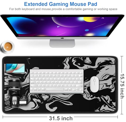 Naukay Gaming Mouse Pad, 31.5x15.7 inch Large Extended Computer Keyboard Mouse Mat, Water Resist Non-Slip Mousepad Rubber Base Long XXL Desk Mouse Pad for Gaming, Office & Home, Marble White - Image 2