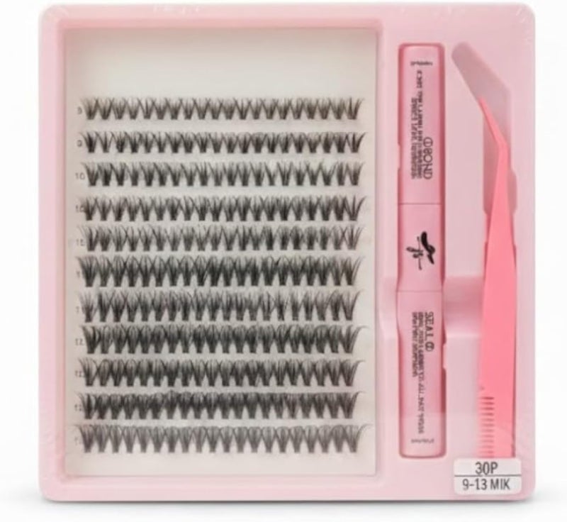 DIY Lash Extension Kit, Individual Lashes with Lash Glue Bond and Seal, 200 Cluster Lashes 9-13-mm-30P Natural Look Lash Clusters False Eyelash Extension Kit (mix)