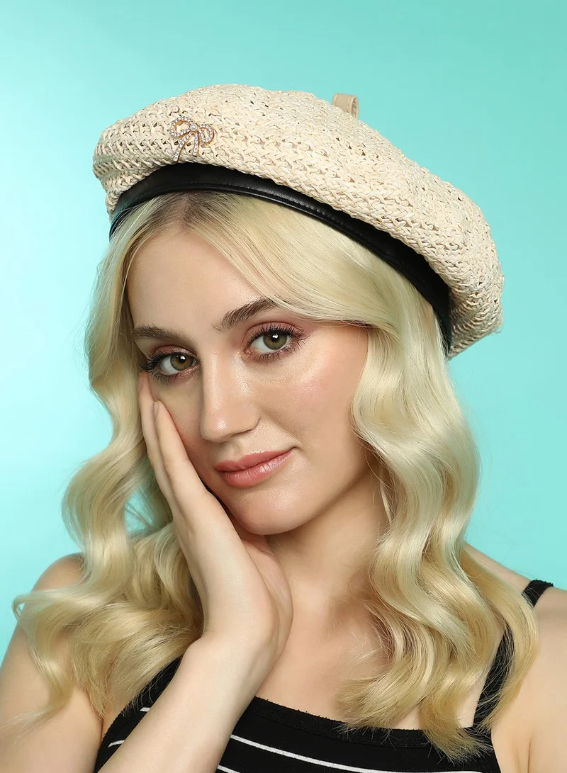 Haute Sauce  Bow Woven Beret Hat - Off-White for Women | Best Price UAE