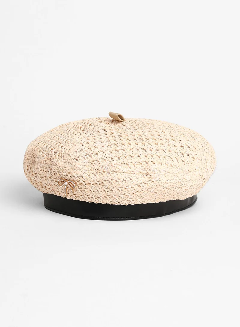 Haute Sauce  Bow Woven Beret Hat - Off-White for Women | Best Price UAE