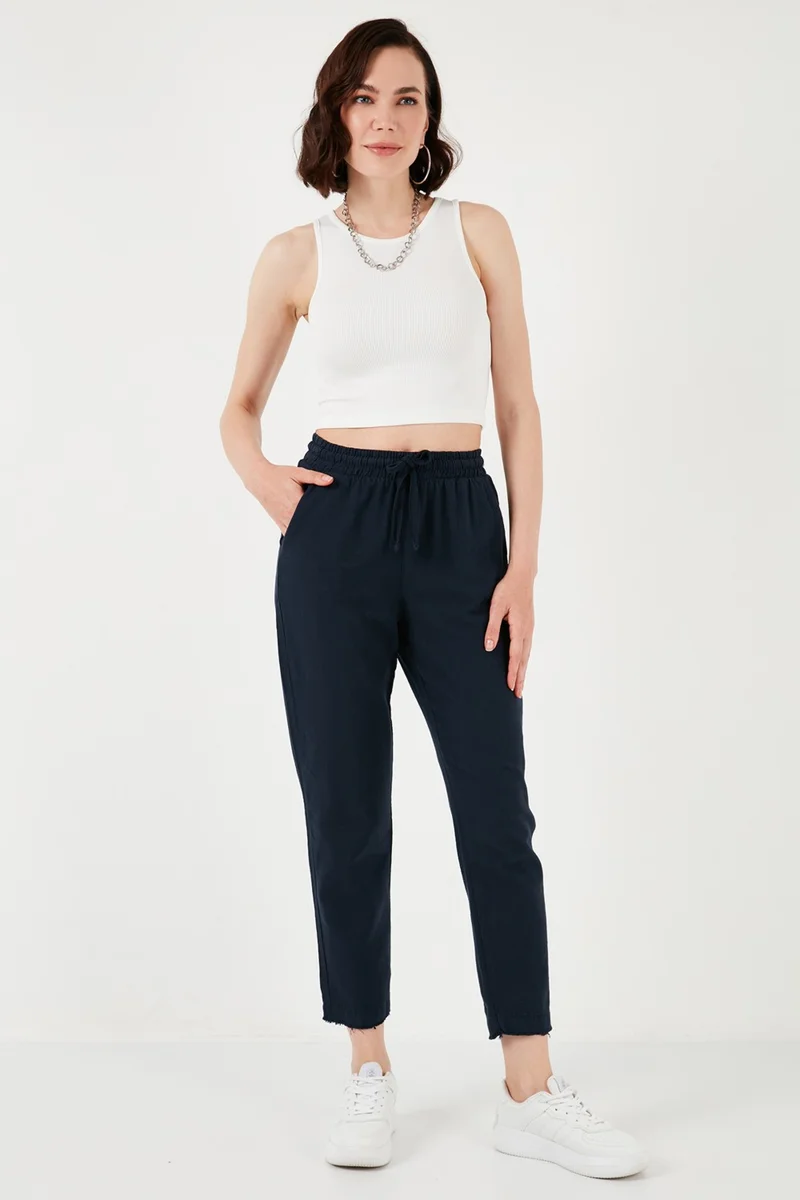 ليلا Cotton Waist Tie High Waist Linen Look Short Leg Trousers Women's Trousers 668YP5134