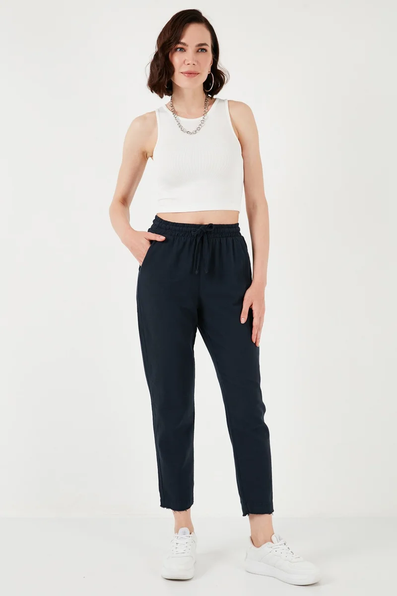ليلا Cotton Waist Tie High Waist Linen Look Short Leg Trousers Women's Trousers 668YP5134