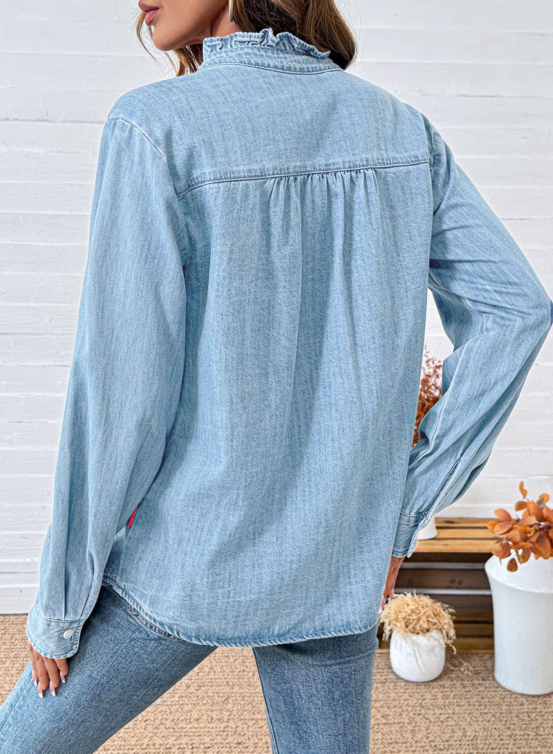 Sidefeel Jean Shirts for Women Denim Lightweight Washed Chambray Coat V Neck Button Long Sleeve Denim Tops Iceland Blue X-Large - Image 3