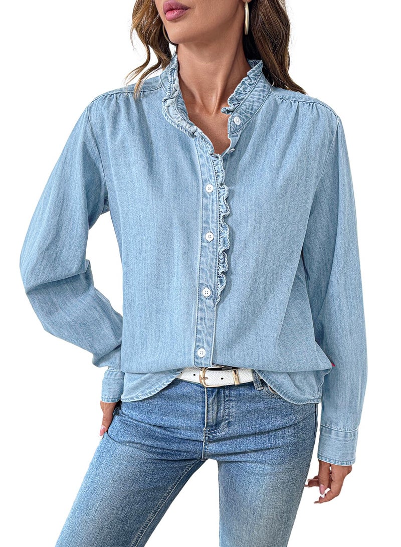 Sidefeel Jean Shirts for Women Denim Lightweight Washed Chambray Coat V Neck Button Long Sleeve Denim Tops Iceland Blue X-Large - Image 1