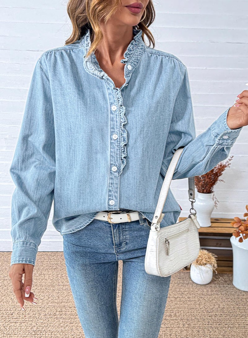 Sidefeel Jean Shirts for Women Denim Lightweight Washed Chambray Coat V Neck Button Long Sleeve Denim Tops Iceland Blue X-Large - Image 4