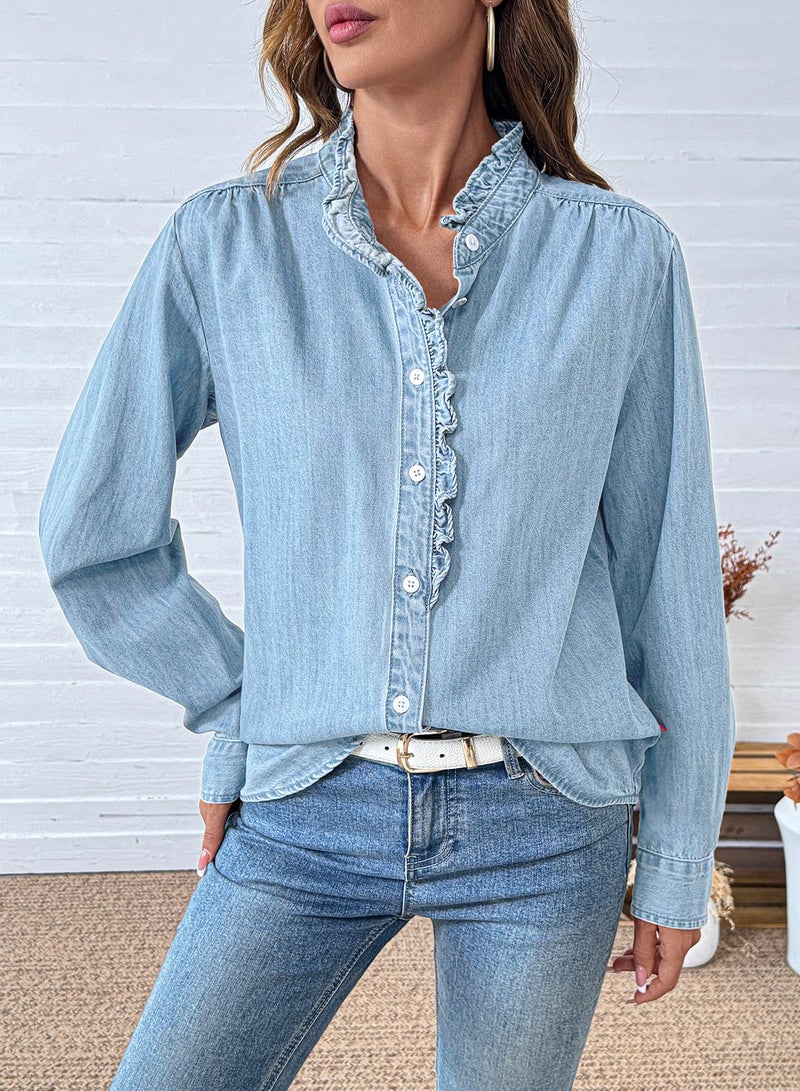 Sidefeel Jean Shirts for Women Denim Lightweight Washed Chambray Coat V Neck Button Long Sleeve Denim Tops Iceland Blue X-Large - Image 2