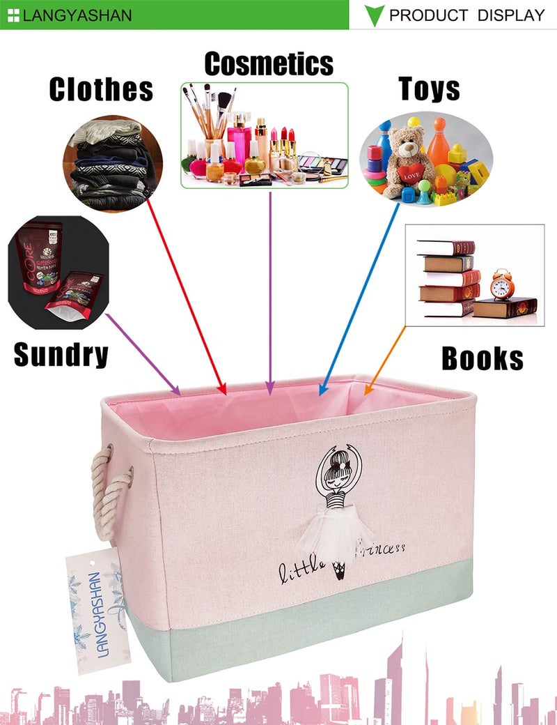 LANGYASHAN Rectangular Storage Bin Collapse Canvas Fabric Cartoon Storage Basket with Handles for Organizing Home Kitchen Boys and Girls Toys Office Closet Shelf Baskets (Girl) - Image 3