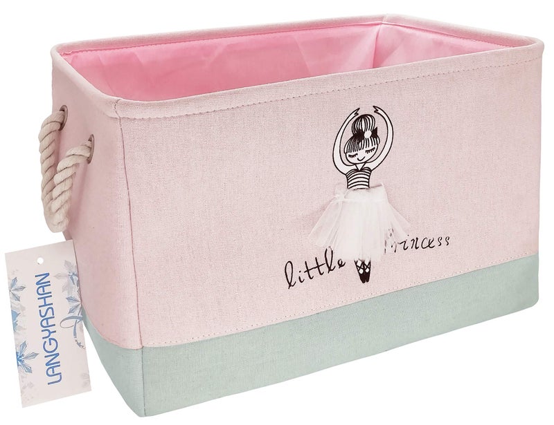 LANGYASHAN Rectangular Storage Bin Collapse Canvas Fabric Cartoon Storage Basket with Handles for Organizing Home Kitchen Boys and Girls Toys Office Closet Shelf Baskets (Girl) - Image 1