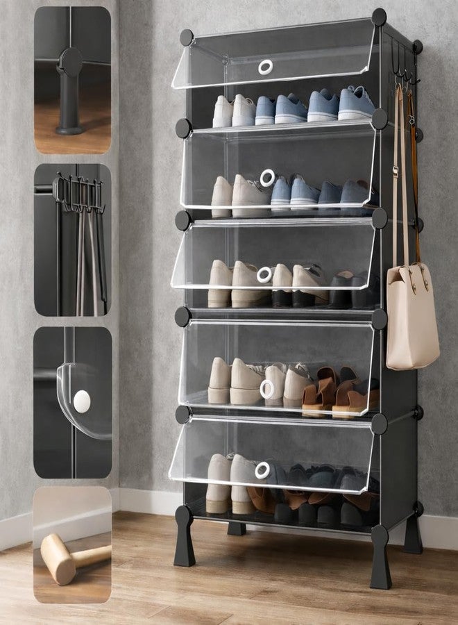 RADIANT Premium Modular Plastic Shoe Rack with Door, Stackable Organizer, Waterproof and Dustproof, Space Saving Storage for Home, Bedroom and Entryway (Black+Trans. Door (PP), 5 Shelf) - Image 1