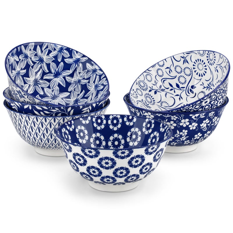vancasso SELENE 24 oz Cereal Bowls set of 6, Ceramic Soup Bowls for Kitchen, Dishwasher & Microwave Oven Safe- for Cereal, Soup, Pasta, Salad, Blue & White Floral Design Bowl Set - Image 1