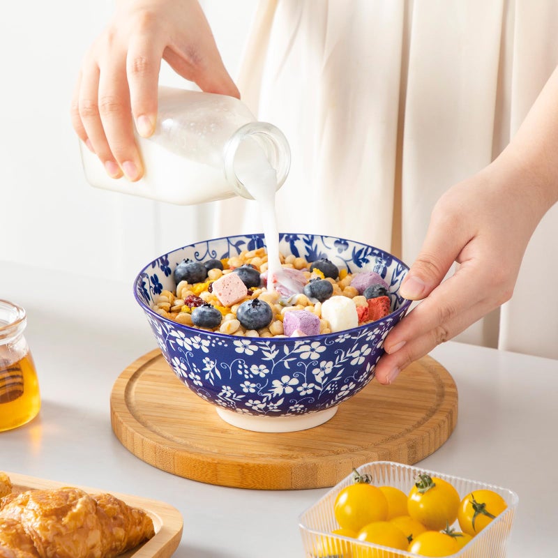 vancasso SELENE 24 oz Cereal Bowls set of 6, Ceramic Soup Bowls for Kitchen, Dishwasher & Microwave Oven Safe- for Cereal, Soup, Pasta, Salad, Blue & White Floral Design Bowl Set - Image 5