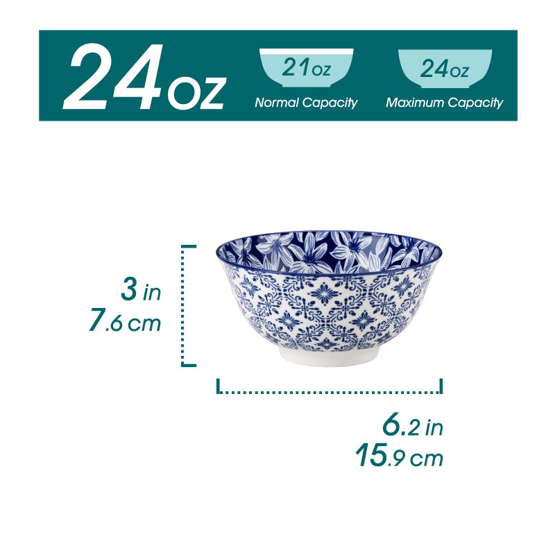 vancasso SELENE 24 oz Cereal Bowls set of 6, Ceramic Soup Bowls for Kitchen, Dishwasher & Microwave Oven Safe- for Cereal, Soup, Pasta, Salad, Blue & White Floral Design Bowl Set - Image 2