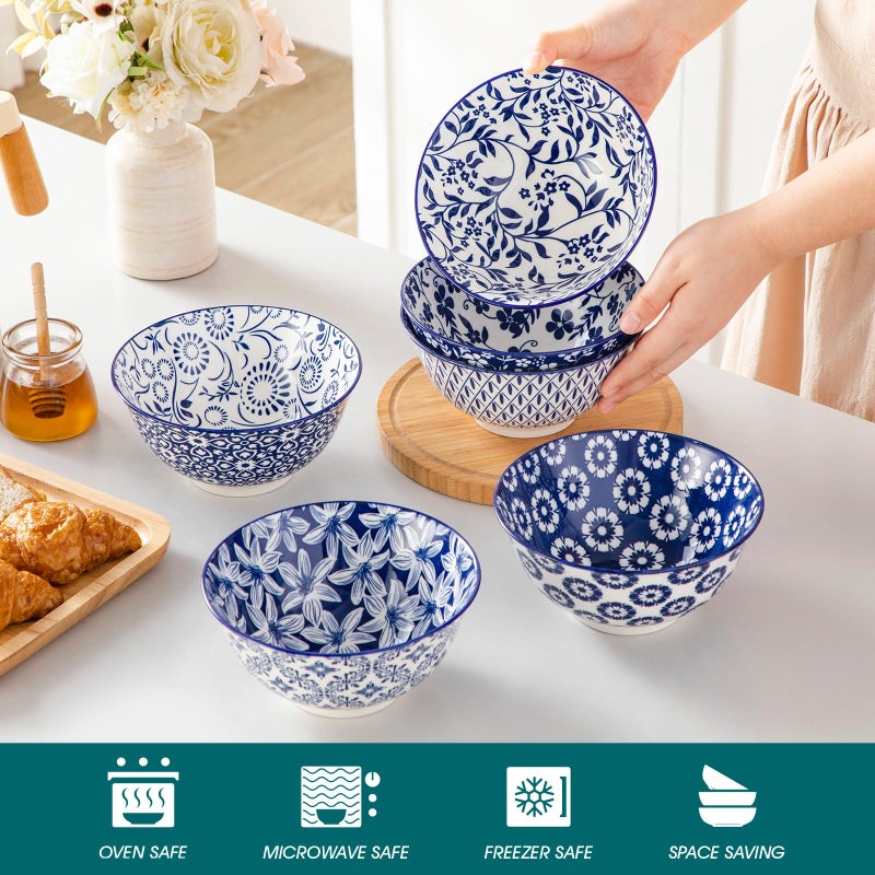 vancasso SELENE 24 oz Cereal Bowls set of 6, Ceramic Soup Bowls for Kitchen, Dishwasher & Microwave Oven Safe- for Cereal, Soup, Pasta, Salad, Blue & White Floral Design Bowl Set - Image 4