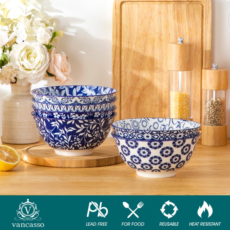 vancasso SELENE 24 oz Cereal Bowls set of 6, Ceramic Soup Bowls for Kitchen, Dishwasher & Microwave Oven Safe- for Cereal, Soup, Pasta, Salad, Blue & White Floral Design Bowl Set - Image 3