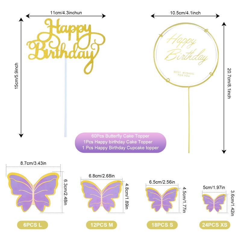WOW DING 60Pcs Butterfly Cupcake Topper Purple Gold  Lively 3D Butterflies with 2Pcs Happy Birthday Topper for Cake Decor Birthday Anniversary Kids Wedding Girl Women Party Wall Food Decorations Mixed Size - Image 2
