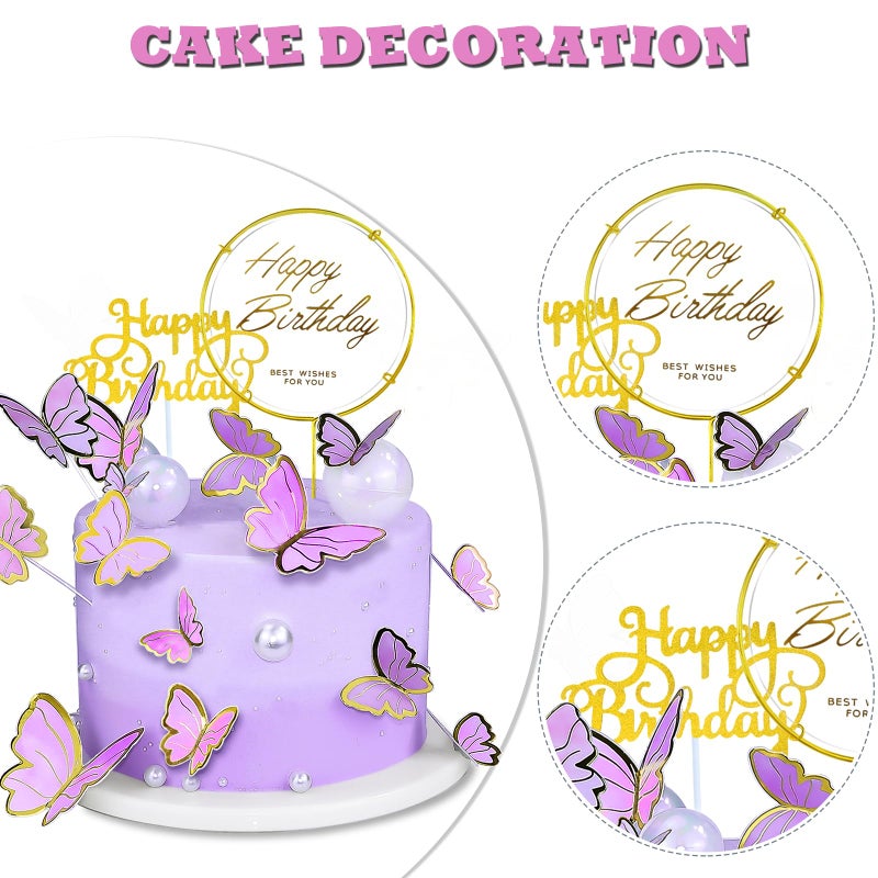 WOW DING 60Pcs Butterfly Cupcake Topper Purple Gold  Lively 3D Butterflies with 2Pcs Happy Birthday Topper for Cake Decor Birthday Anniversary Kids Wedding Girl Women Party Wall Food Decorations Mixed Size - Image 4