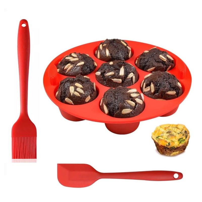 Husaini Mart Husaini Mart 7 Cavities Silicone Air Fryer with Silicone Brush Muffin Pans Regular Silicone Cupcake Pan NonStick Silicone Great for Making Tart Bread Round Pudding Cupcake Recipe  - Image 1