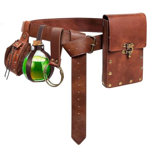 KOTORA Renaissance Belt Pouch Coin Purse Skirt Hike Set Medieval Festival Costume Halloween Accessories Casual Fanny Pack Waist Bag (Pouch & Bottle-Brown) - Image 1